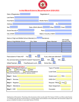 Yates High School Registration 2020-2021