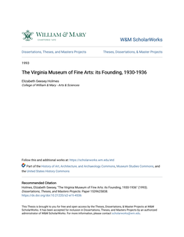 The Virginia Museum of Fine Arts: Its Founding, 1930-1936