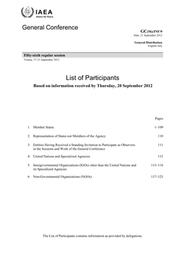 List of Participants Based on Information Received by Thursday, 20 September 2012