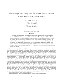 Measuring Commuting and Economic Activity Inside Cities with Cell Phone Recordsthe Authors Are Grateful to the Lirneasia Organiz