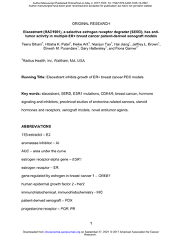 Elacestrant (RAD1901), a Selective Estrogen Receptor Degrader (SERD), Has Anti- Tumor Activity in Multiple ER+ Breast Cancer Patient-Derived Xenograft Models