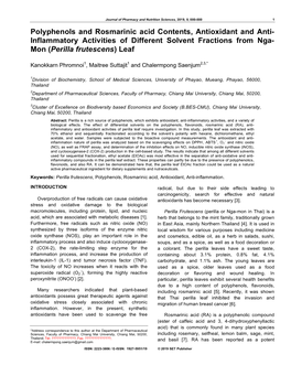 Polyphenols and Rosmarinic Acid Contents, Antioxidant and Anti- Inflammatory Activities of Different Solvent Fractions from Nga- Mon (Perilla Frutescens) Leaf