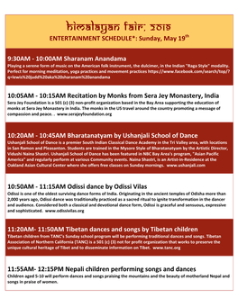 HIMALAYAN FAIR, 2019 ENTERTAINMENT SCHEDULE*: Sunday, May 19Th