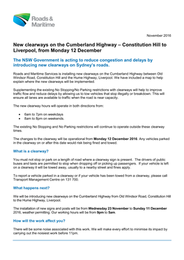 New Clearways on the Cumberland Highway – Constitution Hill to Liverpool, from Monday 12 December