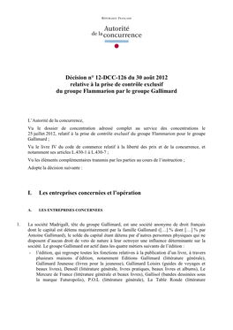 Décision N° 12-DCC-126 Du 30 Août 2012 Relative À La Prise De Contrôle Exclusif Du Groupe Flammarion Par Le Groupe Gallimard