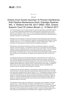 Ontario Court Grants Injunction to Prevent Interference with Pipeline Maintenance Work: Enbridge Pipelines INC