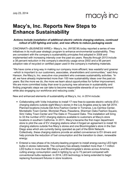 Macy's, Inc. Reports New Steps to Enhance Sustainability