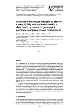 A Spatially Distributed Analysis of Erosion Susceptibility and Sediment Yield in a River Basin by Means of Geomorphic Parameters and Regression Relationships