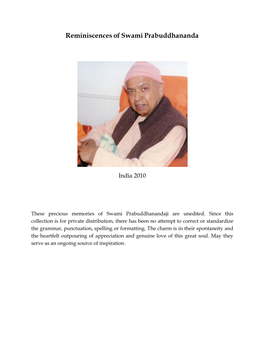 Reminiscences of Swami Prabuddhananda