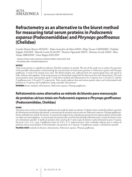 Refractometry As an Alternative to the Biuret Method for Measuring Total Serum Proteins in Podocnemis Expansa (Podocnemididae) and Phrynops Geoffroanus (Chelidae)