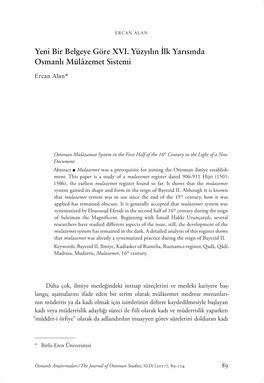 Yeni Bir Belgeye Göre XVI. Yüzyılın İlk Yarısında Osmanlı Mülâzemet Sistemi