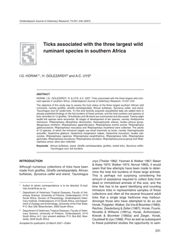 Ticks Associated with the Three Largest Wild Ruminant Species in Southern Africa