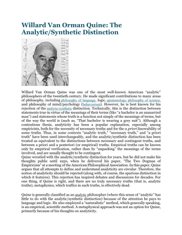 Willard Van Orman Quine: the Analytic/Synthetic Distinction