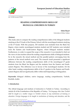 Reading Comprehension Skills of Bilingual Children in Turkey