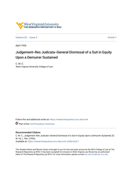 Judgement--Res Judicata--General Dismissal of a Suit in Equity Upon a Demurrer Sustained