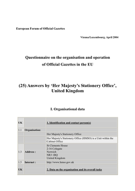 (25) Answers by 'Her Majesty's Stationery Office', United Kingdom