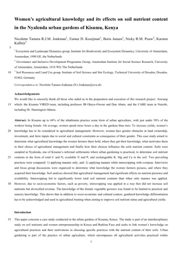 Women's Agricultural Knowledge and Its Effects on Soil Nutrient Content In