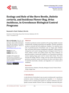 Ecology and Role of the Rove Beetle, Dalotia Coriaria, and Insidious Flower Bug, Orius Insidiosus, in Greenhouse Biological Control Programs