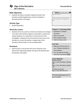 Sign of the Derivative TEACHER NOTES MATH NSPIRED