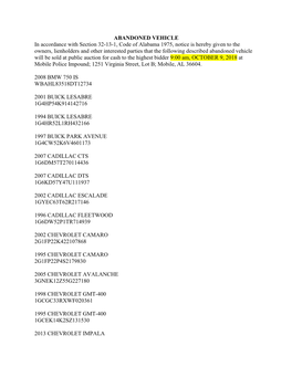 ABANDONED VEHICLE in Accordance with Section 32-13-1, Code of Alabama 1975, Notice Is Hereby Given to the Owners, Lienholders An