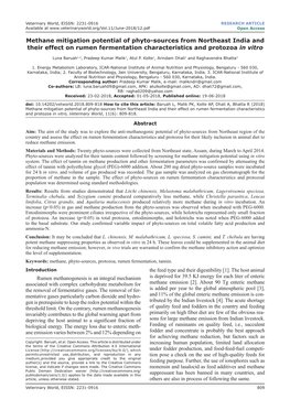 Methane Mitigation Potential of Phyto-Sources from Northeast India and Their Effect on Rumen Fermentation Characteristics and Protozoa in Vitro