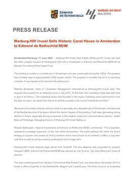PRESS RELEASE Warburg-HIH Invest Sells Historic Canal House in Amsterdam to Edmond De Rothschild REIM