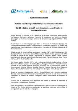 Comunicato Stampa Alitalia E Air Europa Rafforzano L'accordo Di