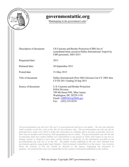 US Customs and Border Protection (CBP) List of Contraband Items Seized at Dulles International Airport by CBP Personnel, 2003-2011