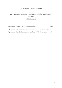Supplementary File for the Paper COVID-19 Among Bartenders And