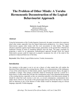 The Problem of Other Minds: a Yoruba Hermeneutic Deconstruction of the Logical Behaviourist Approach