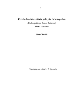 Czechoslovakia's Ethnic Policy in Subcarpathia