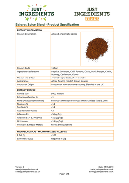 Baharat Spice Blend - Product Specification