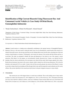 Identification of Rip Current Hazards Using Fluorescent Dye and Unmanned Aerial Vehicle (A Case Study of Drini Beach, Gunungkidul, Indonesia)