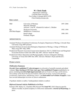 W. Chris Funk Department of Biology Colorado State University Fort Collins, Colorado 80523-1878 Chris.Funk@Colostate.Edu EDUCATION