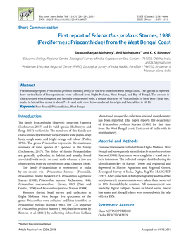 First Report of Priacanthus Prolixus Starnes, 1988 (Perciformes : Priacanthidae) from the West Bengal Coast