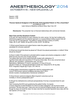 L092 Session: L168 Thoracic Epidural Analgesia in the Re