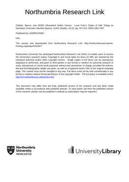 Barron, Lee (2020) Ultraviolent Gothic Visions : Lucio Fulci’S ‘Gates of Hell’ Trilogy As Derridean Cinematic Haunted Spaces