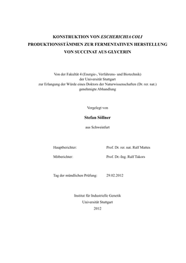 KONSTRUKTION VON ESCHERICHIA COLI PRODUKTIONSSTÄMMEN ZUR FERMENTATIVEN HERSTELLUNG VON SUCCINAT AUS GLYCERIN Stefan Söllner