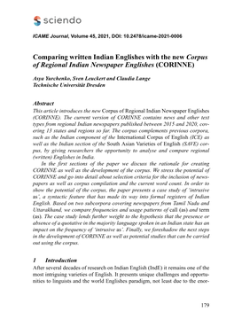 Comparing Written Indian Englishes with the New Corpus of Regional Indian Newspaper Englishes (CORINNE)