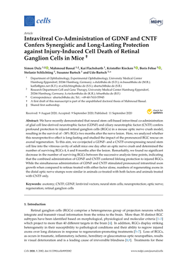 Intravitreal Co-Administration of GDNF and CNTF Confers Synergistic and Long-Lasting Protection Against Injury-Induced Cell Death of Retinal † Ganglion Cells in Mice