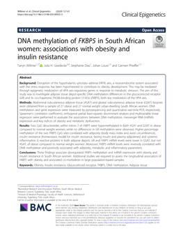 DNA Methylation of FKBP5 in South African Women: Associations with Obesity and Insulin Resistance Tarryn Willmer1,2* , Julia H