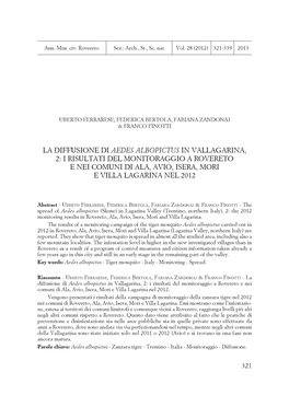 La Diffusione Di Aedes Albopictus in Vallagarina, 2: I Risultati Del Monitoraggio a Rovereto E Nei Comuni Di Ala, Avio, Isera, Mori E Villa Lagarina Nel 2012