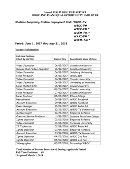 WBOC-TV WBOC-FM WTDK-FM * WCEM-FM * WAAI-FM * WCEM-AM * Period: June 1, 2017 Thru May 31, 2018