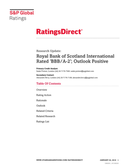 Royal Bank of Scotland International Rated 'BBB/A-2'; Outlook Positive