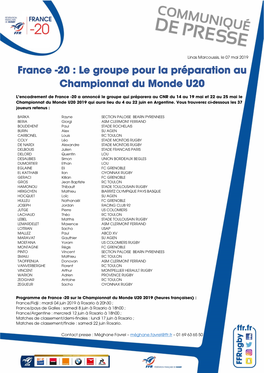 France -20 : Le Groupe Pour La Préparation Au Championnat Du Monde U20