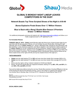 Global's Monday Night Lineup Leaves Competitors in the Dust