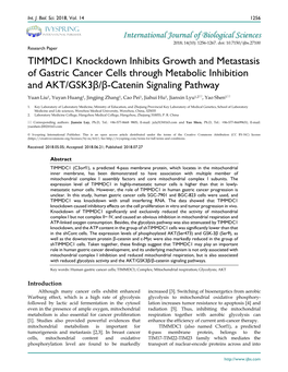 TIMMDC1 Knockdown Inhibits Growth and Metastasis of Gastric Cancer