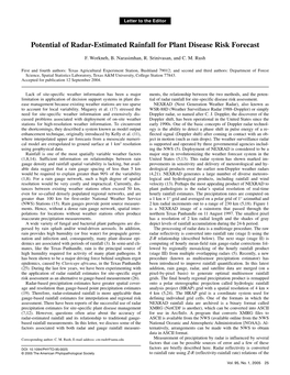 Potential of Radar-Estimated Rainfall for Plant Disease Risk Forecast