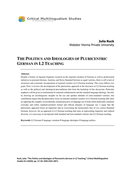 The Politics and Ideologies of Pluricentric German in L2 Teaching