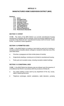 Article 11 Manufactured Home Subdivision District